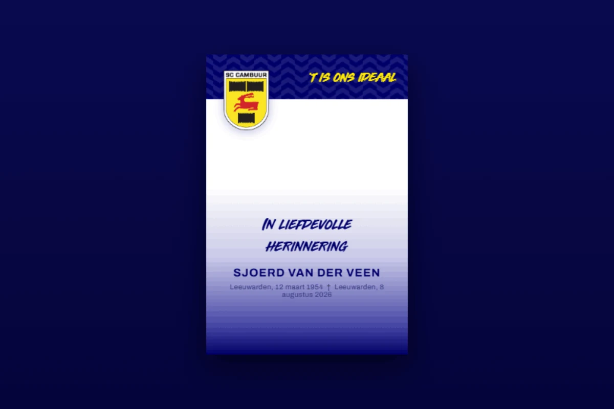 Ontwerp van een rouwkaart met het SC Cambuur-wapen en 't is ons ideaal